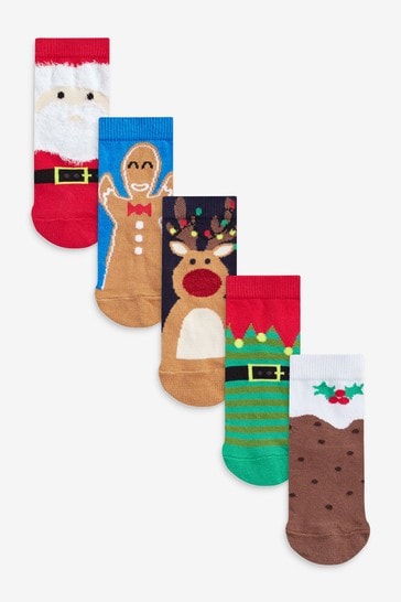 Red/Blue Character 5 Pack Cotton Rich Christmas Socks