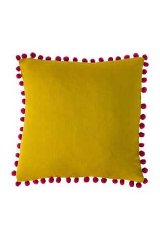 Riva Paoletti Bamboo Yellow/Magenta Pink Mardi Gras Pom-Pom Polyester Filled Cushion