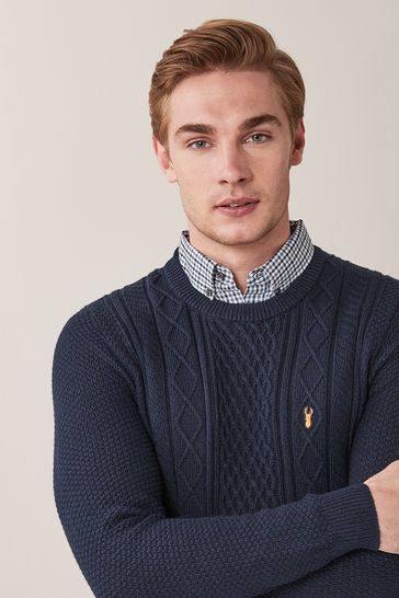 Navy Blue Cable Regular Mock Shirt Knitted Crew Jumper