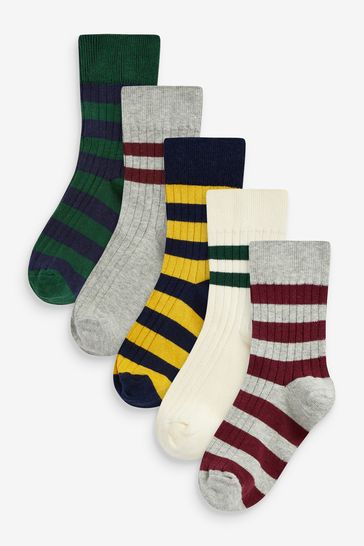 Grey/Green Stripe 5 Pack Cotton Rich Socks