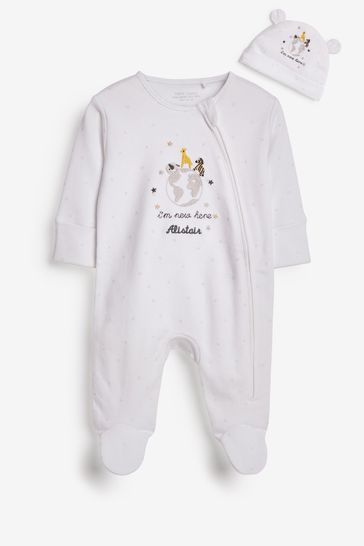 Personalised Baby White I'm New Here Sleepsuit And Hat