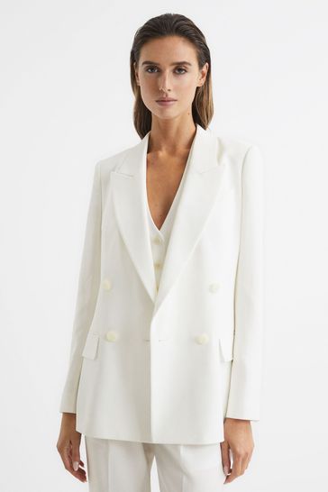 Buy Reiss White Tatum Petite Crepe Double Breasted Blazer from