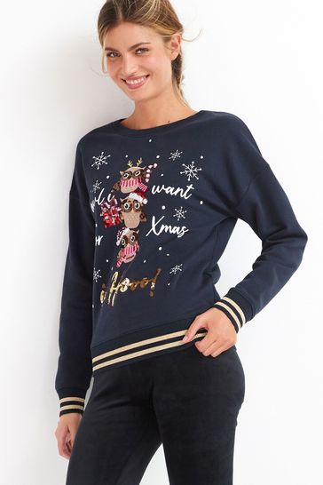 Navy Owl I Want For Christmas Christmas Graphic Sweatshirt