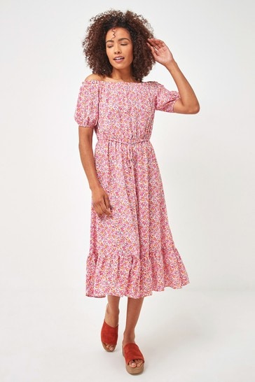 Buy F☀F Pink Floral Bardot Midi Dress ...