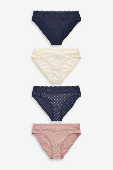 Cream/Navy High Leg Lace Trim Cotton Blend Knickers 4 Pack