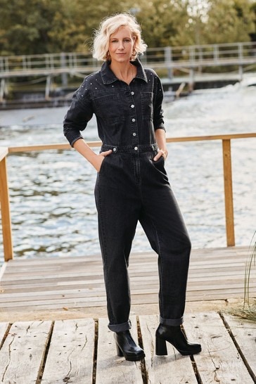 Black Savannah Miller Stud Detail Denim Boilersuit