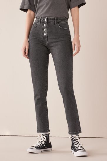 Black Button Fly Comfort Stretch Mom Jeans