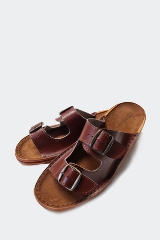 HotSquash Brown Premium Handcrafted 2 Strap Leather Mens Sliders