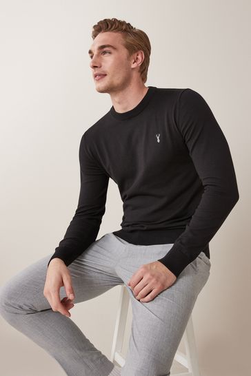 Black With Stag Embroidery Crew Neck Cotton Rich Jumper