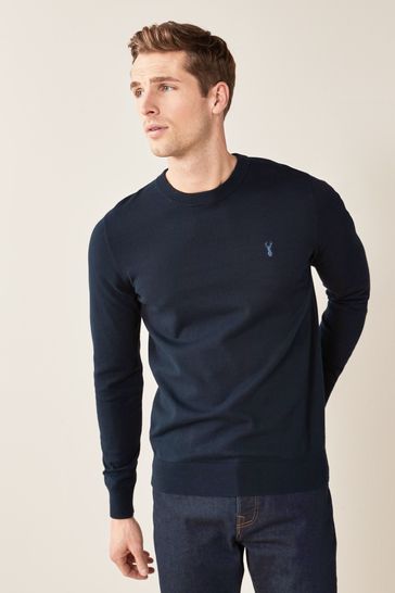 Navy Blue With Stag Embroidery Crew Neck Cotton Rich Jumper