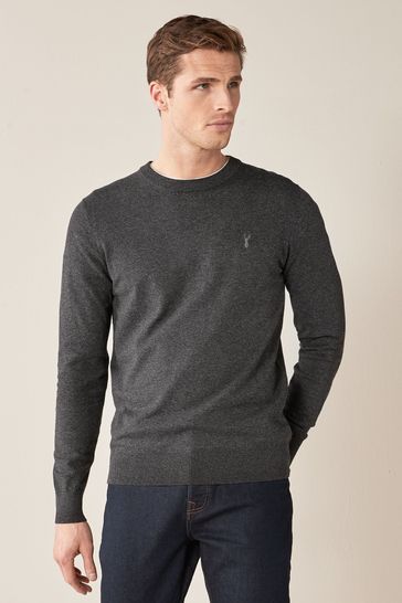 Charcoal Grey With Stag Embroidery Crew Neck Cotton Rich Jumper