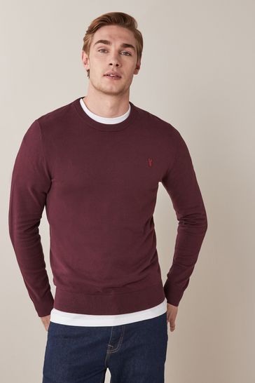 Plum Purple with Stag Embroidery Crew Neck Cotton Rich Jumper