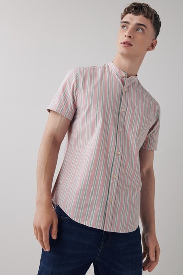 Pink Stripe Short Sleeve Grandad Collar Shirt