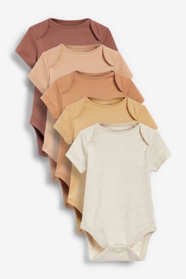 Tan Brown 5 Pack Short Sleeve Baby Bodysuits (0mths-3yrs)
