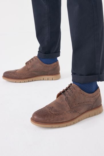Brown Leather Motion Flex Brogue Shoes