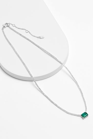 Lauren Ralph Lauren Silver Tone Green Baguette Necklace