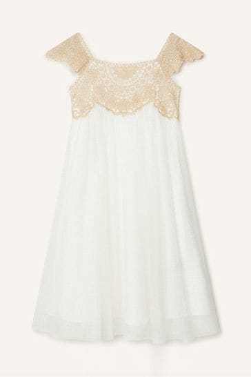 Monsoon Estella Embroidered Dress Gold