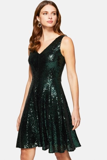 HotSquash Green Sequin V-Neck Fit And Flare Dress
