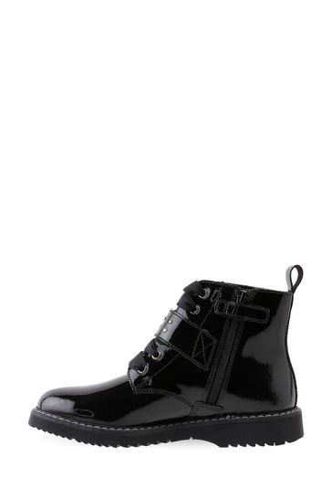 Black patent top zip front boots