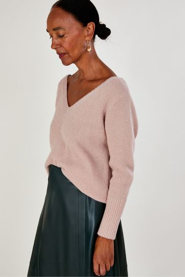 Monsoon Pink V-Back Metallic Twist Jumper With Recycled Polyester