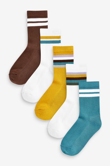 Yellow Ochre/Brown/Blue 5 Pack Cushioned Footbed Cotton Rich Ribbed Socks