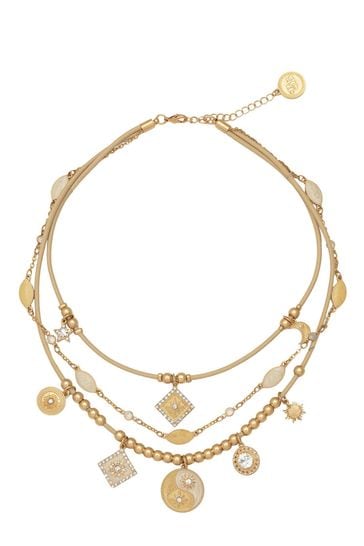 Bibi Bijoux Gold Tone And Camel Night & Day Triple Row Layered Necklace