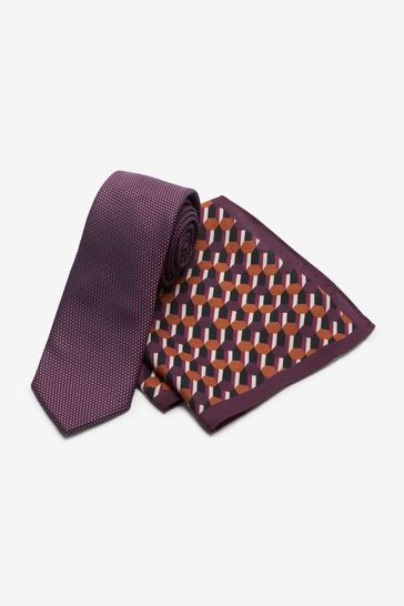 Burgundy Red Geometric Slim Tie And Pocket Square Set