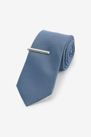 Blue Slim Textured Tie And Clip Set