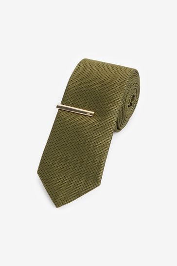 Olive Green Slim Textured Tie And Clip