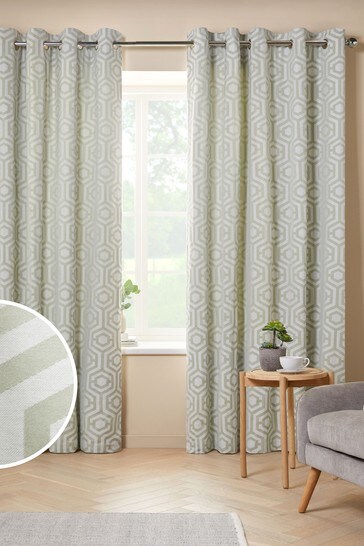 Sage Green Honeycomb Geo Eyelet Lined Curtains