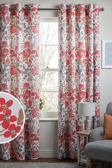 Red Nordic Floral Print Eyelet Lined Lined Curtains