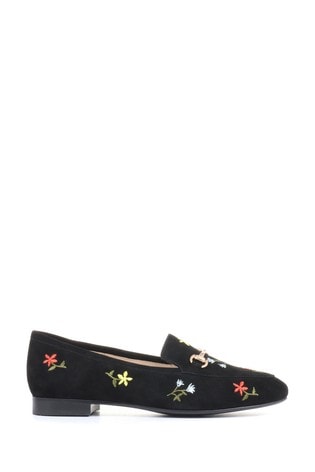 Jones Bootmaker Black Swallow Ladies Leather Embroidered Loafers