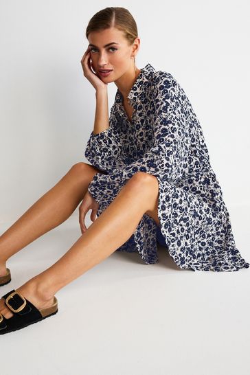Navy Blue White Ditsy Floral Mini Tie Belt Shirt Dress