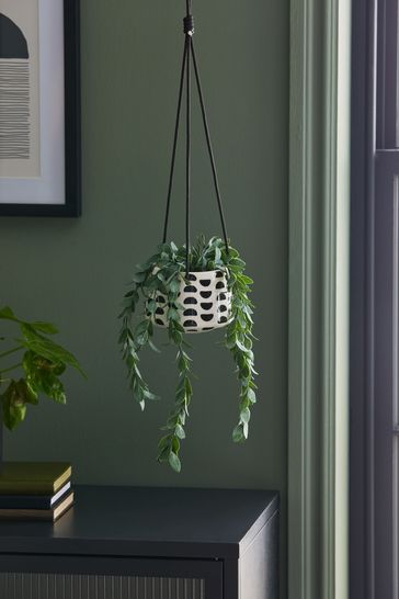 Green Artificial Trailing Plant In Hanging Black/White Pot
