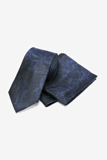 Navy Floral Regular Tie And Pocket Square Set