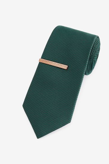 Dark Green Textured Tie And Clip