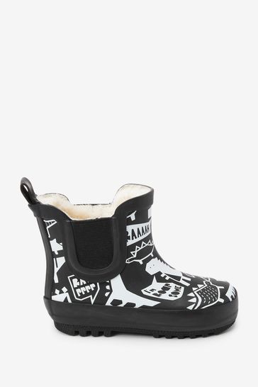 Black Dinosaurs Warm Lined Ankle Wellies