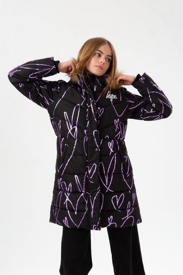 Hype. Girls Black Sketch Heart Holographic Parka Script Coats