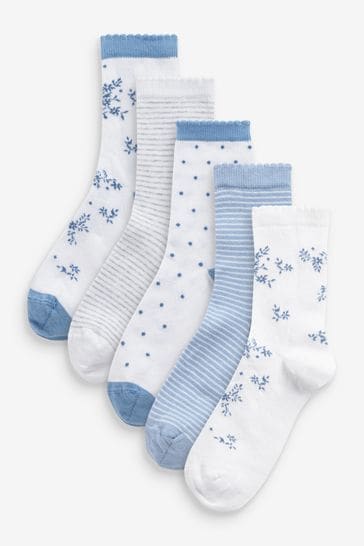 Blue/White 5 Pack Cotton Rich Pretty Floral Ankle Socks