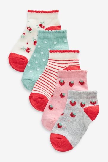 Red/Pink 5 Pack Cotton Rich Strawberry Print Trainer Socks