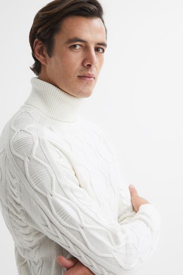 Reiss Ecru Alston Cable Knitted Roll Neck Jumper