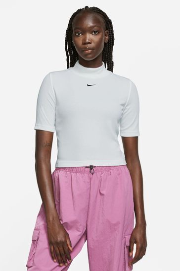 Buy Nike White Rib Mock Neck Short Sleeve Top from Next Luxembourg