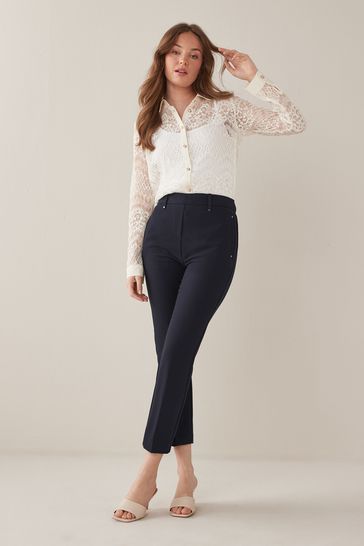 Navy Blue Tailored Elastic Back Straight Leg Pull On Trousers