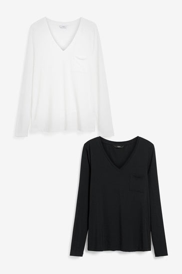 Black/White Premium V-Neck Long Sleeve Top