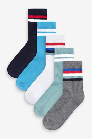 Blue/Grey Striped 5 Pack Cushioned Footbed Cotton Rich Ribbed Socks