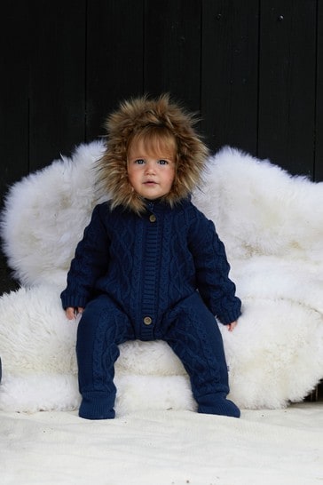 The Little Tailor Baby Knitted Faux Fur Trim Fully Lined Pramsuit