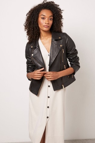 Mint Velvet Black Leather Zip Biker Jacket