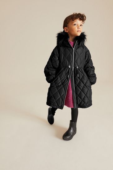 Buy Black Faux Fur Hooded Quilted Padded Coat 3 16yrs from Next