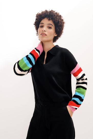 Label Collection Womens Multicolour Stripe Sleeve Polo Knit Jumper