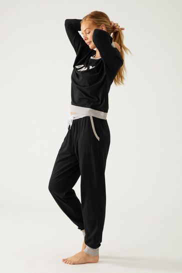 DKNY Black Signature Cotton Logo Top And Joggers Pyjama Set